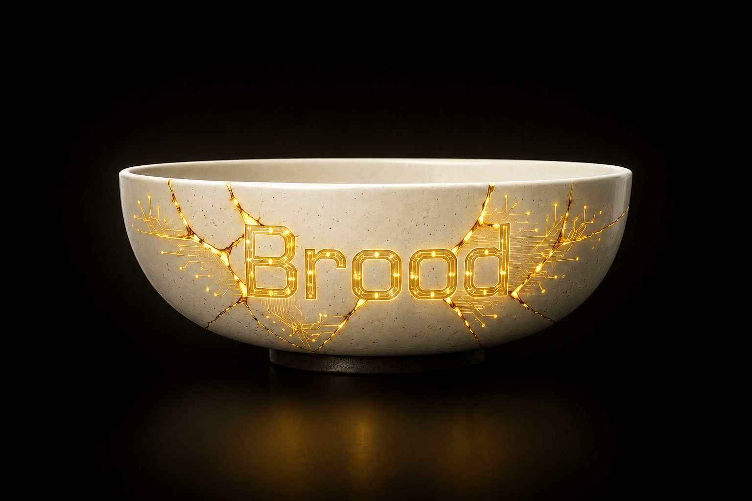 A cream ceramic bowl repaired in the kintsugi style: glowing gold circuit traces fill its cracks and spell the word Brood